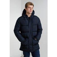 French Connection Men's Hooded Parka Longline Zip-Through Jacket in Navy | Size: Small