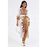 MSN Collection Women's Floral Belted Midi Dress in Mustard | Size: Small