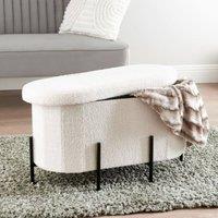 HOME LUXE INTERIOR White Boucle Curved Storage Ottoman Bench with Black Metal Legs