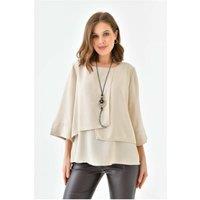 HOXTON GAL Women's Oversized Women Layered Blouse with 3/4 Sleeve & Necklace in Beige | Size: 8-10