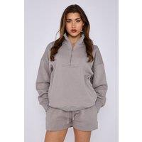 STYLEWISE Women's Fleece Half Zip Top & Shorts - Oversized - Co-ord Set in Light Grey | Size: Large/XL