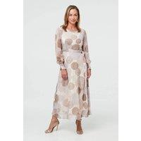 Izabel London Women's Printed Long Sleeve Layered Midi Dress in Beige | Size: 12