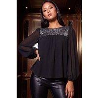 Roman Women's Petite Sequin Blouson Sleeve Top in Black | Size: 10