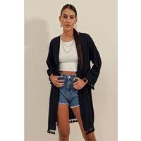 Big Dart Women's Midi Beach Kimono with Pompom Detail in Black | Size: Small