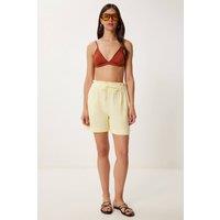 Happiness Istanbul Women's High Waist Drawstring Mini Shorts with Binding Detail in Yellow | Size: Small