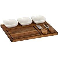 Four Candle Acacia Cheese Board Set With White Ceramic Bowls & Cutlery in Brown