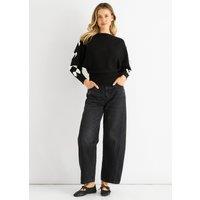 Gini London Women's Black Slash Neck Crop Bow Knit Jumper | Size: Large/XL