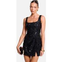 Public Desire Women's Embelished Floral Sequin Square Neck Mini Dress Black | Size: 8