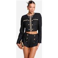 Public Desire Women's Cropped Long Sleeve Boucle Gold Button Detail Blazer Black | Size: 6