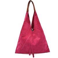 Kitise Women's Large Genuine Italian Tie Closure V Suede Slouch Tote With Purse in Fuchsia