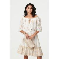 Izabel London Women's Ikat Print Knee Length Bardot Dress in White | Size: 10