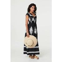 Izabel London Women's Ikat Print Ruched Cap Sleeve Maxi Dress in Black | Size: 10