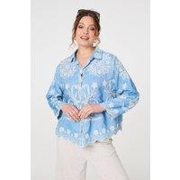 Izabel London Women's Embroidered Texture Scalloped Hem Shirt in Blue | Size: S/M