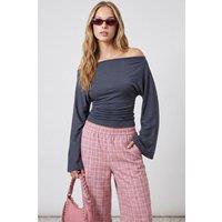 Hiccup Women's Boat Neck Batwing Sleeve Viscose Rib Knit Blouse in Dark Grey | Size: Large