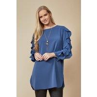 HOXTON GAL Women's Oversized Ruffle Detailed Long Sleeves Tunic in Blue | Size: 12-14