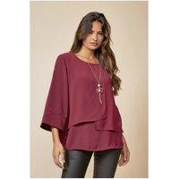 HOXTON GAL Women's Oversized Women Layered Blouse with 3/4 Sleeve & Necklace in Burgundy | Size: 12-14