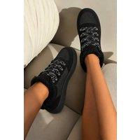 Love Lemonade Women's Hudson Comfort Faux Suede Check Lace Faux Fur Lined Trainers in Black | Size: 7