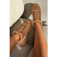 Love Lemonade Women's Hudson Comfort Faux Suede Check Lace Faux Fur Lined Trainers in Camel | Size: 6