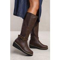 Where's That From Women's 'Jacinta' Wedge Heel Knee High Boots With Elastic Panel in Brown | Size: 7