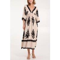 HOXTON GAL Women's Relaxed Fit 3/4 Sleeves V Neck Printed Maxi Dress in Beige