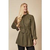 HOXTON GAL Women's Oversized Tie Ruffle Neck Top with Tie Waist Detailed in Khaki | Size: 8-10