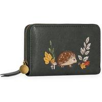 Woodland Leathers Women's RFID Zip Around Purse, Hedgehog Applique in Dark Green