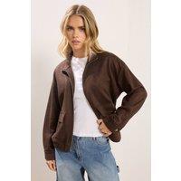 PixieGirl Women's Petite Faux Suede Bomber Jacket in Chocolate | Size: 18