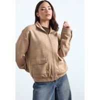 PixieGirl Women's Petite Faux Suede Bomber Jacket in Natural | Size: 12