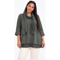 JTAPHRIQUE Women's Leopard Print Trim Tunic Top with Matching Scarf in Dark Olive