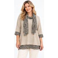 JTAPHRIQUE Women's Leopard Print Trim Tunic Top with Matching Scarf in Beige