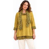 JTAPHRIQUE Women's Leopard Print Trim Tunic Top with Matching Scarf in Mustard