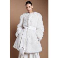 Coast Women's Ivory Faux Fur Satin Tie Waist Wedding Coat | Size: 10