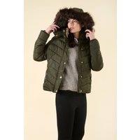 Harvey & Jones Women's Quilted Jacket With Faux Fur Trim Hood in Green | Size: 12