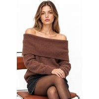 MixRay Women's Oversized Ribbed Knitwear Blouse with Madonna Collar in Brown