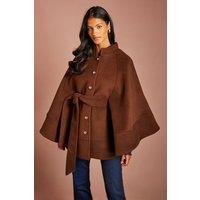 Coast Women's Petite Chocolate Faux Pearl Button Detail Belted Occasion Cape | Size: 14