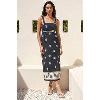 Roman Women's Leaf Print Ric Rac Midi Dress in Black | Size: 14