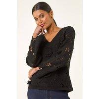 Roman Women's Crochet Floral Knit Jumper in Black | Size: Small
