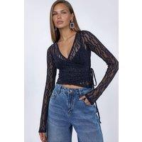Busem Women's Crop Lace V-neck Blouse with Tie Detail in Navy | Size: Medium