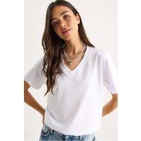 Bianco Lucci Women's Comfort Fit V-Neck Combed Cotton T-Shirt in White | Size: Small