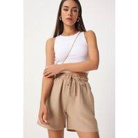 Happiness Istanbul Women's High Waist Wide Leg Cotton Shorts in Beige | Size: Small
