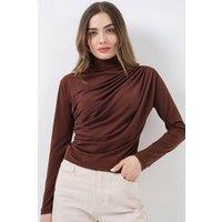 Big Dart Women's Fitted Turtleneck Blouse with Drape Detail in Chocolate | Size: Large