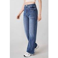 MODISHION Women's Stretchy Straight Wide-Leg Jeans with Pockets in Dark Blue | Size: Large