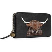 Woodland Leathers Women's RFID Highland Cow Zip Around Purse in Black