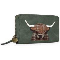 Woodland Leathers Women's RFID Highland Cow Zip Around Purse in Green