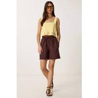 Happiness Istanbul Women's High Waist Wide Leg Cotton Shorts in Brown | Size: Small
