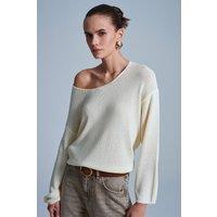 Dilvin Women's Ribbed Boat-Neck Knit Sweater in Cream