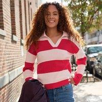 Lands' End Women's Johnny Collar Rugby Stripe Jumper in Peach | Size: 10-12