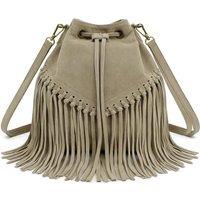 Kitise Women's Drawstring Closure Soft Real Suede Leather Boho Fringe Bucket Bag in Khaki