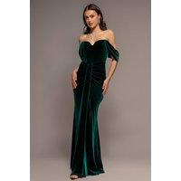 Goddiva Women's Off Shoulder Bardot Draped Velvet Maxi Dress in Emerald | Size: 8