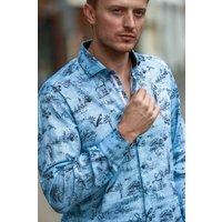 CLAUDIO LUGLI Men's Tropical Toile Print Shirt in Bright Blue | Size: 2XL